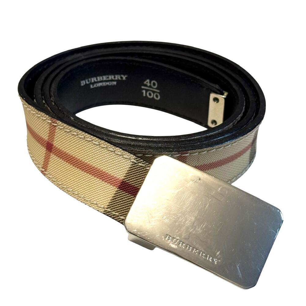 Burberry London Nova Check Men’s Belt w/ Silver Tone - 40 / 100 Coated Canvas